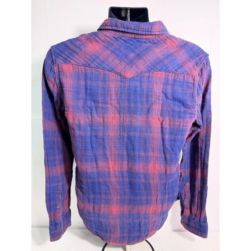 True Religion Shirt Mens Small Blue Red‎ Plaid Flannel Western Slim Long Sleeve